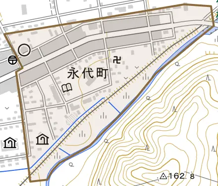 字永代町とその周辺の地図。町の範囲を重ねている
