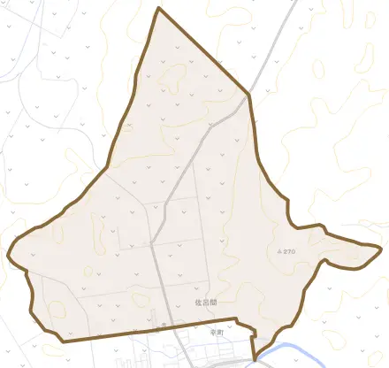 字北とその周辺の地図。町の範囲を重ねている