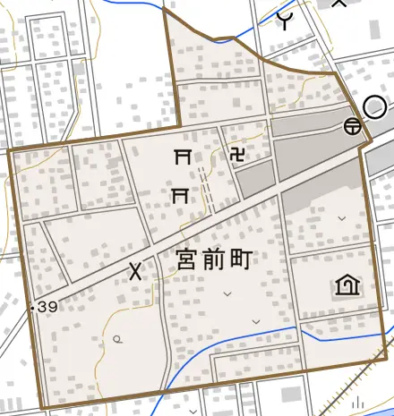 字宮前町とその周辺の地図。町の範囲を重ねている