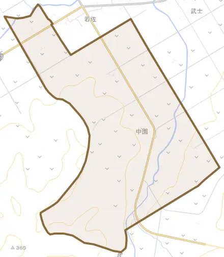 字中園とその周辺の地図。町の範囲を重ねている