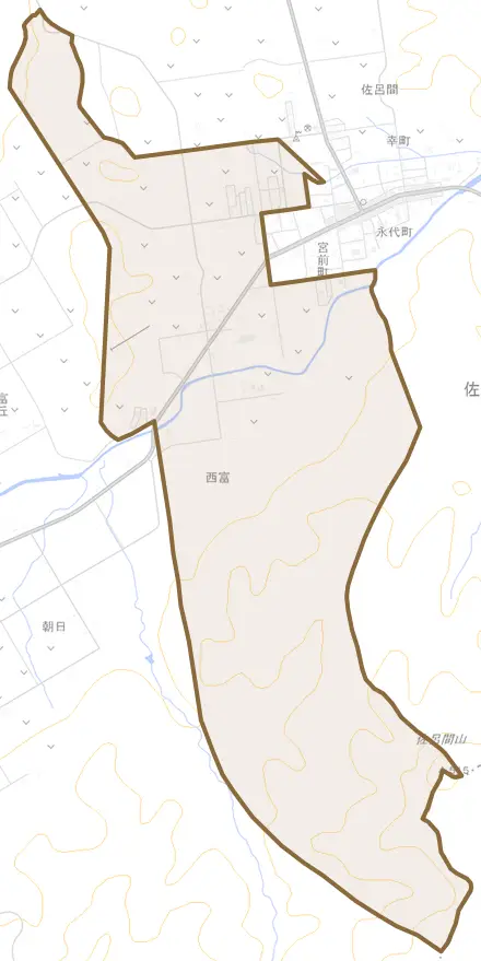 字西富とその周辺の地図。町の範囲を重ねている