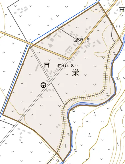 字栄とその周辺の地図。町の範囲を重ねている