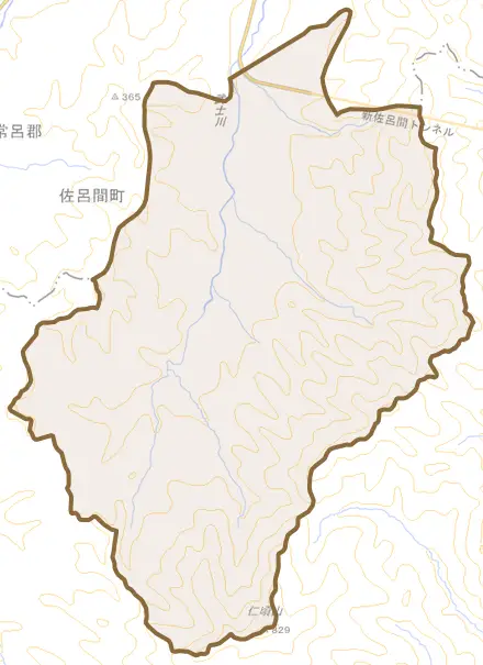 字栃木とその周辺の地図。町の範囲を重ねている