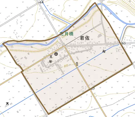 字若佐とその周辺の地図。町の範囲を重ねている