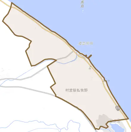 浜鬼志別とその周辺の地図。町の範囲を重ねている