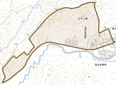 鬼志別西町とその周辺の地図。町の範囲を重ねている