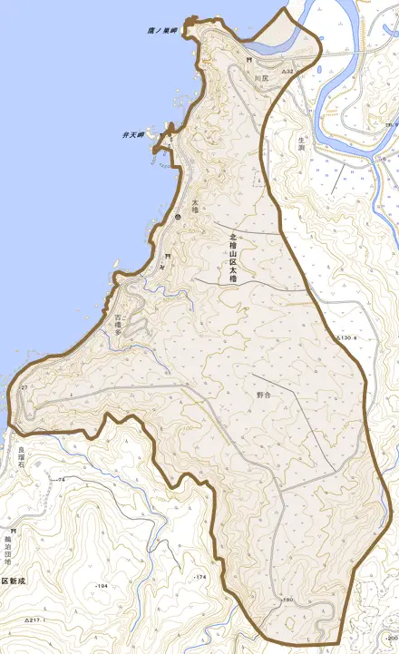 北檜山区太櫓とその周辺の地図。町の範囲を重ねている