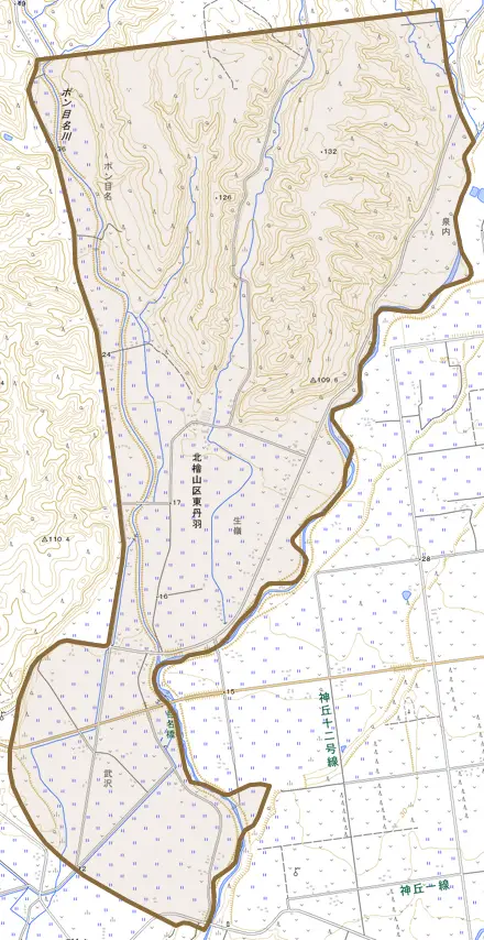 北檜山区東丹羽とその周辺の地図。町の範囲を重ねている