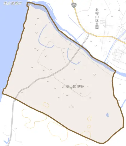 北檜山区兜野とその周辺の地図。町の範囲を重ねている