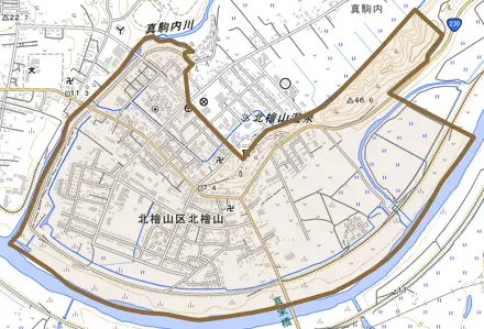 北檜山区北檜山とその周辺の地図。町の範囲を重ねている