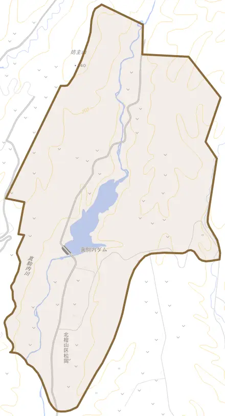 北檜山区松岡とその周辺の地図。町の範囲を重ねている