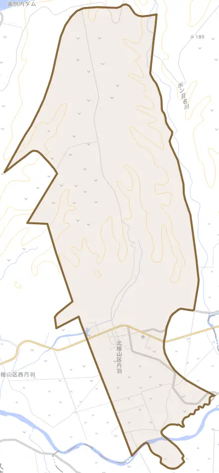 北檜山区丹羽とその周辺の地図。町の範囲を重ねている