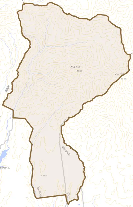 北檜山区小倉山とその周辺の地図。町の範囲を重ねている