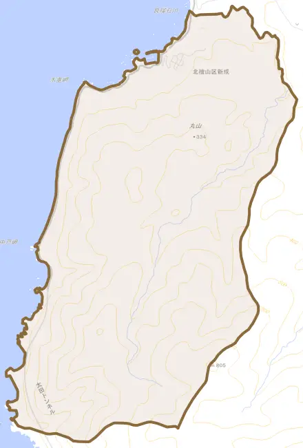 北檜山区新成とその周辺の地図。町の範囲を重ねている