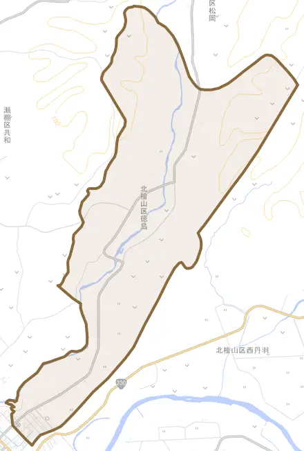 北檜山区徳島とその周辺の地図。町の範囲を重ねている