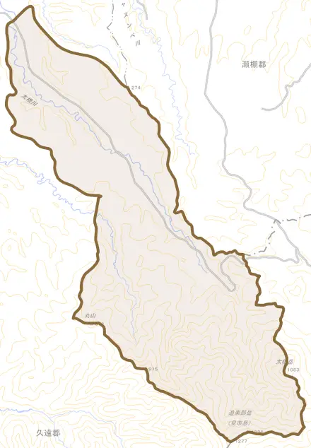 北檜山区富里とその周辺の地図。町の範囲を重ねている