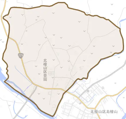 北檜山区豊岡とその周辺の地図。町の範囲を重ねている