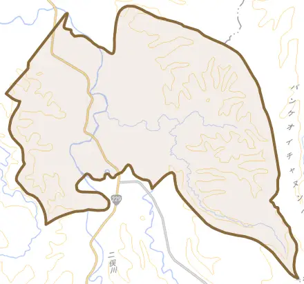 北檜山区若松とその周辺の地図。町の範囲を重ねている
