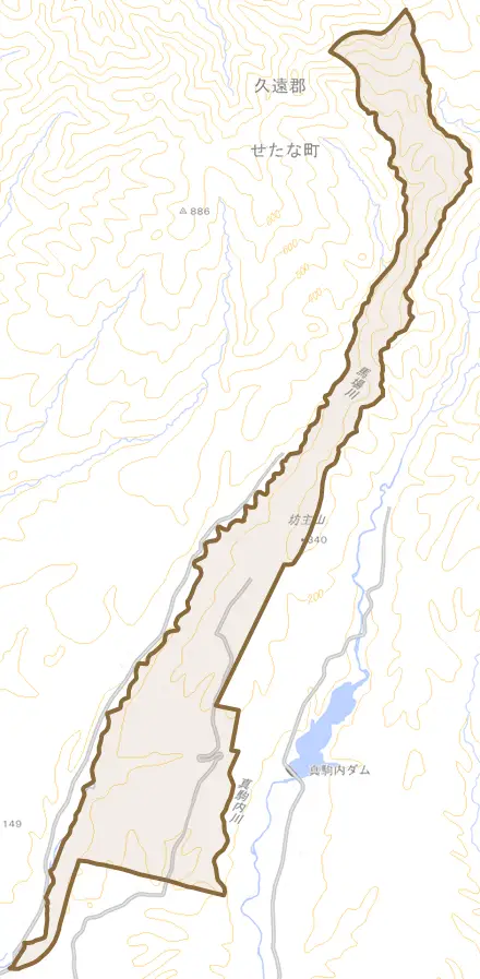 瀬棚区東大里とその周辺の地図。町の範囲を重ねている
