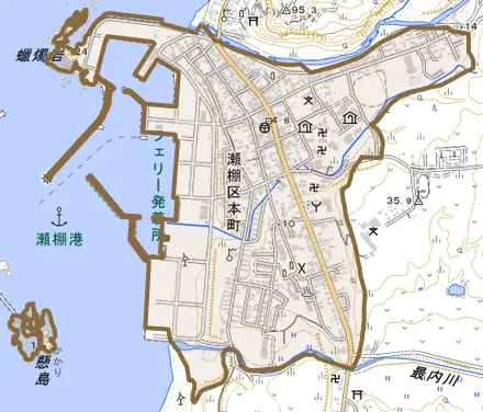 瀬棚区本町とその周辺の地図。町の範囲を重ねている