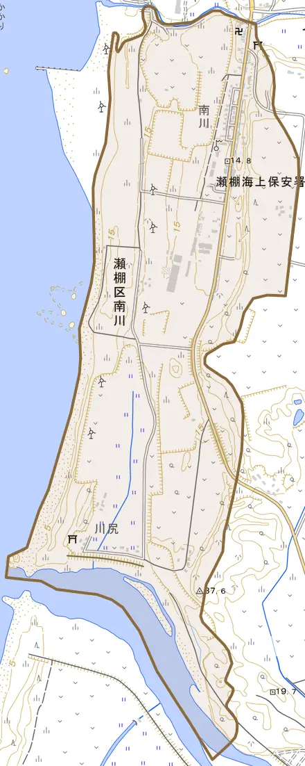 瀬棚区南川とその周辺の地図。町の範囲を重ねている