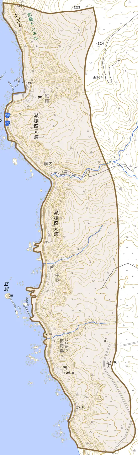 瀬棚区元浦とその周辺の地図。町の範囲を重ねている