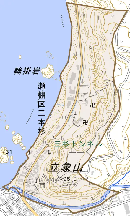 瀬棚区三本杉とその周辺の地図。町の範囲を重ねている