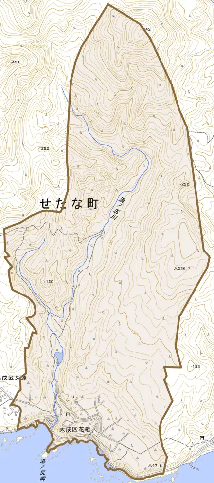 大成区花歌とその周辺の地図。町の範囲を重ねている