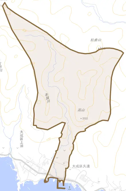 大成区本陣とその周辺の地図。町の範囲を重ねている