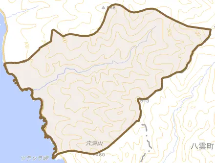 大成区貝取澗とその周辺の地図。町の範囲を重ねている