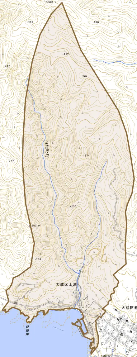 大成区上浦とその周辺の地図。町の範囲を重ねている