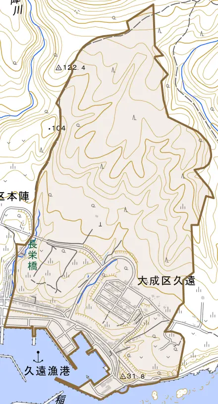 大成区久遠とその周辺の地図。町の範囲を重ねている