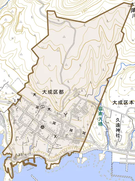 大成区都とその周辺の地図。町の範囲を重ねている