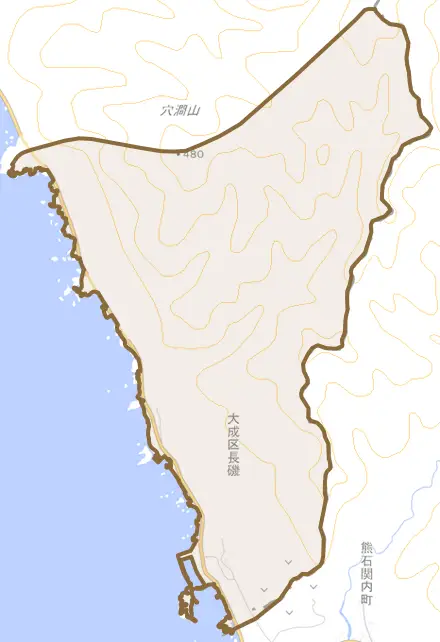 大成区長磯とその周辺の地図。町の範囲を重ねている