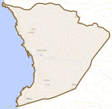 大成区太田とその周辺の地図。町の範囲を重ねている