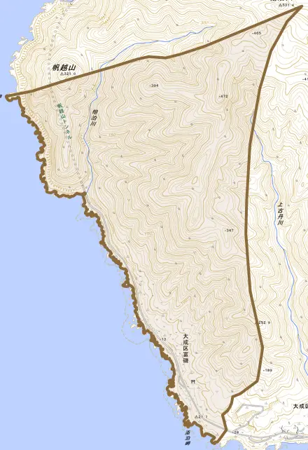 大成区富磯とその周辺の地図。町の範囲を重ねている