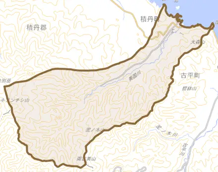 大字美国町とその周辺の地図。町の範囲を重ねている