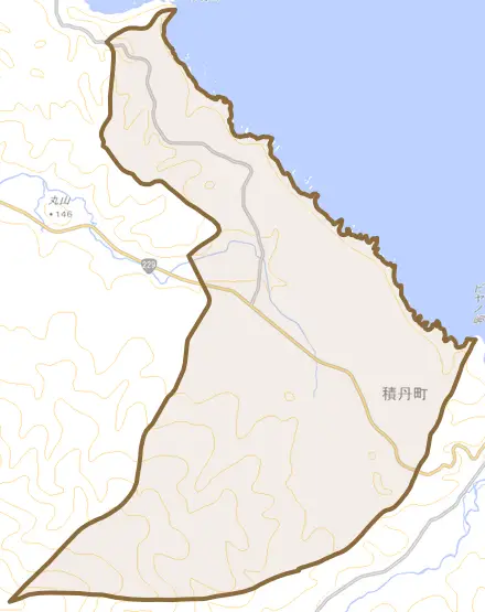 大字婦美町とその周辺の地図。町の範囲を重ねている