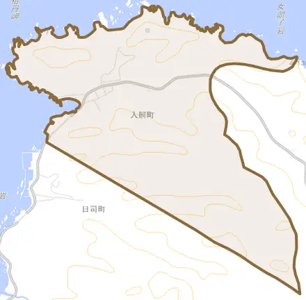 大字入舸町とその周辺の地図。町の範囲を重ねている