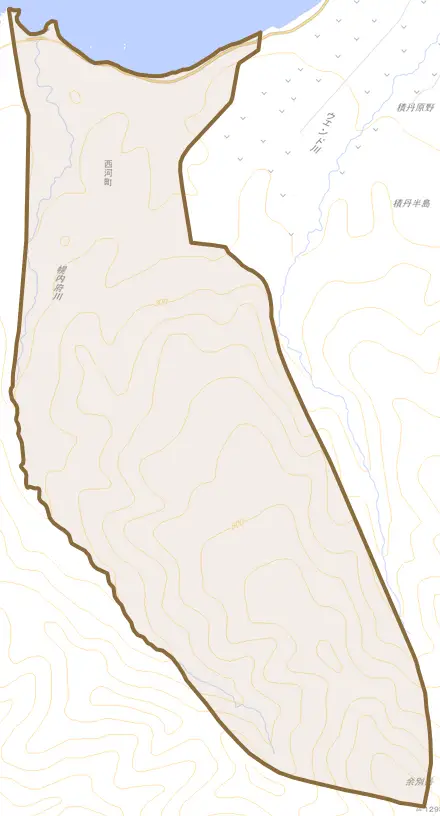 大字西河町とその周辺の地図。町の範囲を重ねている