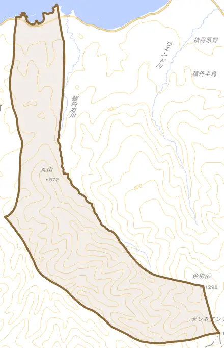 大字来岸町とその周辺の地図。町の範囲を重ねている
