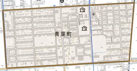 青葉町とその周辺の地図。町の範囲を重ねている