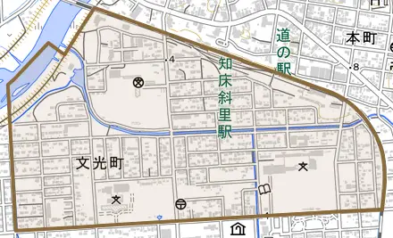 文光町とその周辺の地図。町の範囲を重ねている