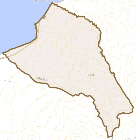 字日の出とその周辺の地図。町の範囲を重ねている