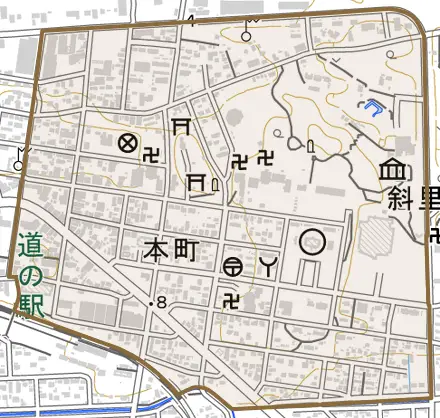 本町とその周辺の地図。町の範囲を重ねている