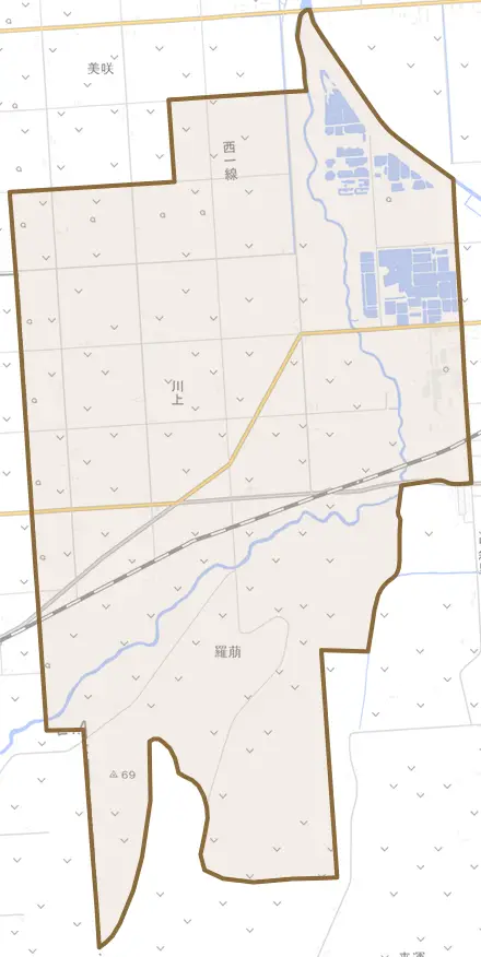 字川上とその周辺の地図。町の範囲を重ねている