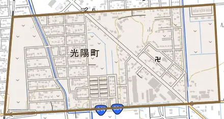 光陽町とその周辺の地図。町の範囲を重ねている