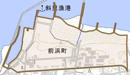 前浜町とその周辺の地図。町の範囲を重ねている