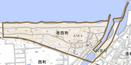 港西町とその周辺の地図。町の範囲を重ねている