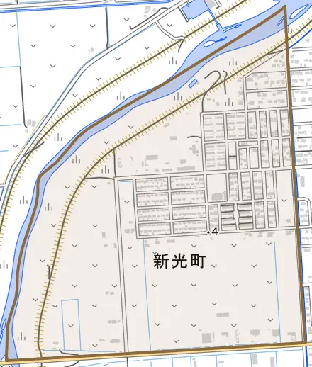 新光町とその周辺の地図。町の範囲を重ねている